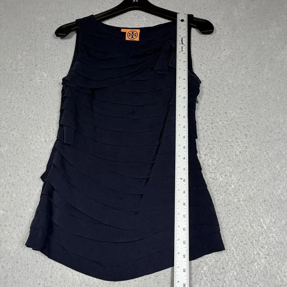 Tory Burch Waltraud Silk Tiered Bow Top Women’s Size 6 Navy Blue Sleeveless
